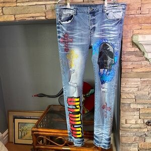 GFTD LOS ANGELES MENS 40 LONZO SKINNY FIT PAINTED SKULL EMBELLISHED CROSS JEANS